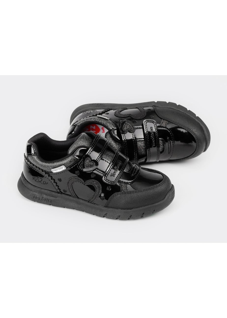 ToeZone Girls Black Isla Patent Heart Rip Tape School Shoes