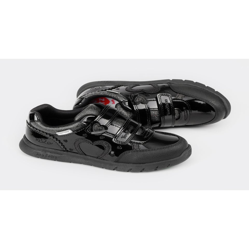 ToeZone Girls Black Isla Patent Heart Rip Tape School Shoes