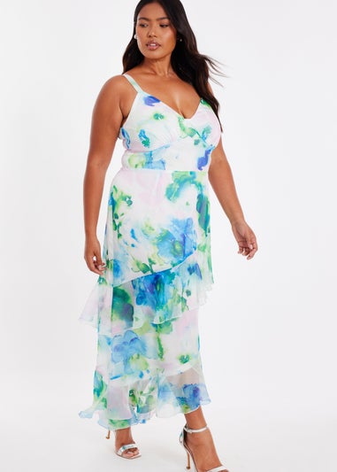 Quiz Blue Curve Floral Chiffon Midaxi Dress