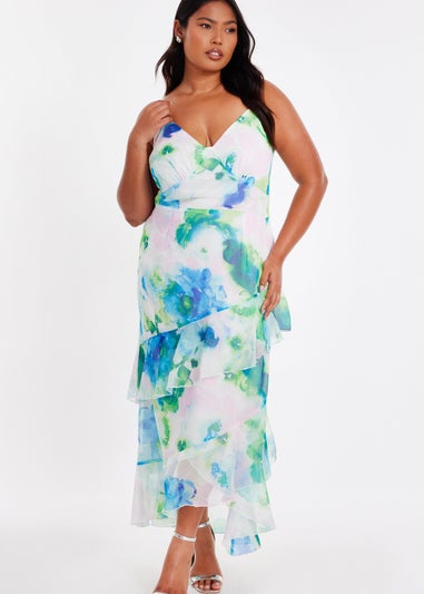Quiz Blue Curve Floral Chiffon Midaxi Dress