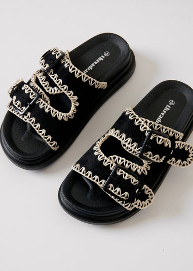Threadbare Black Contrast Stitch Chunky Sliders