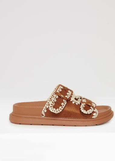 Threadbare Tan Contrast Stitch Chunky Sliders