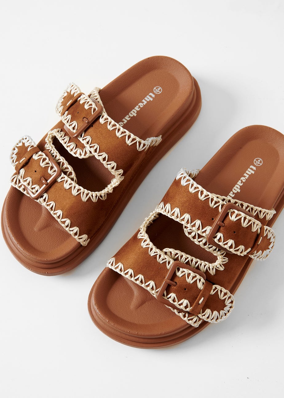 Threadbare Tan Contrast Stitch Chunky Sliders