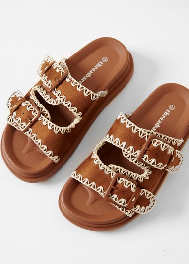 Threadbare Tan Contrast Stitch Chunky Sliders