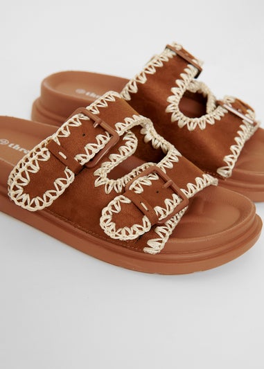 Threadbare Tan Contrast Stitch Chunky Sliders