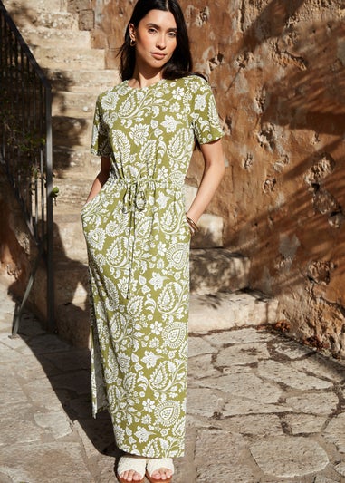 Threadbare Khaki Ruched Waist Jersey Midi Dress