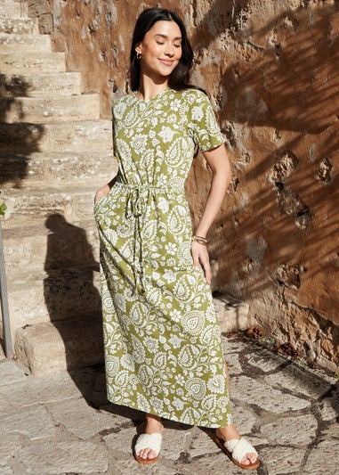 Threadbare Khaki Ruched Waist Jersey Midi Dress