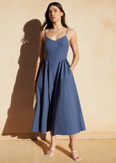 Threadbare Blue V Neck Fit & Flare Midi Dress