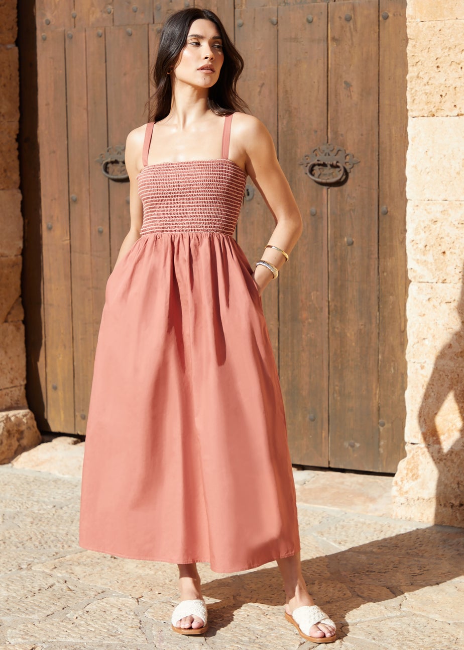 Threadbare Pink Shirred Midaxi Dress