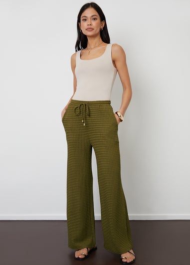 Threadbare Khaki Textured Jersey Wide Leg Trousers