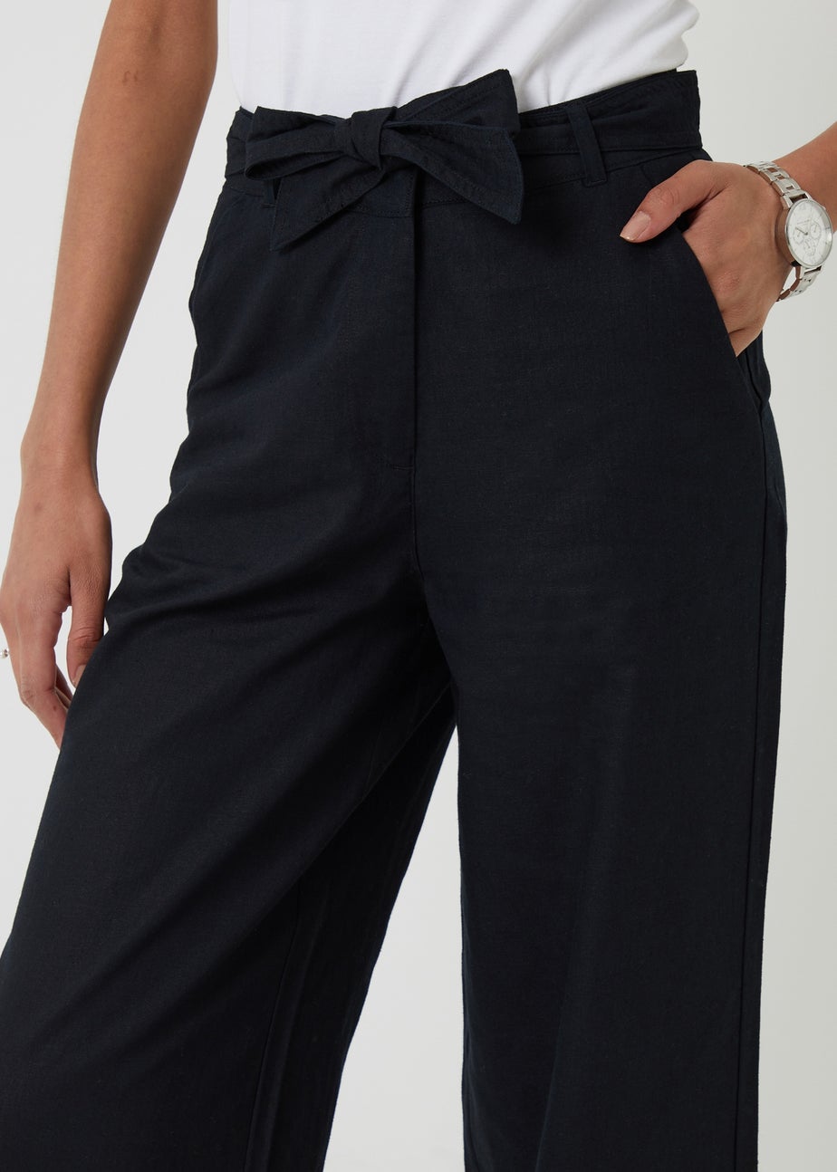 Threadbare Black Belted Linen Blend Wide Leg Trousers
