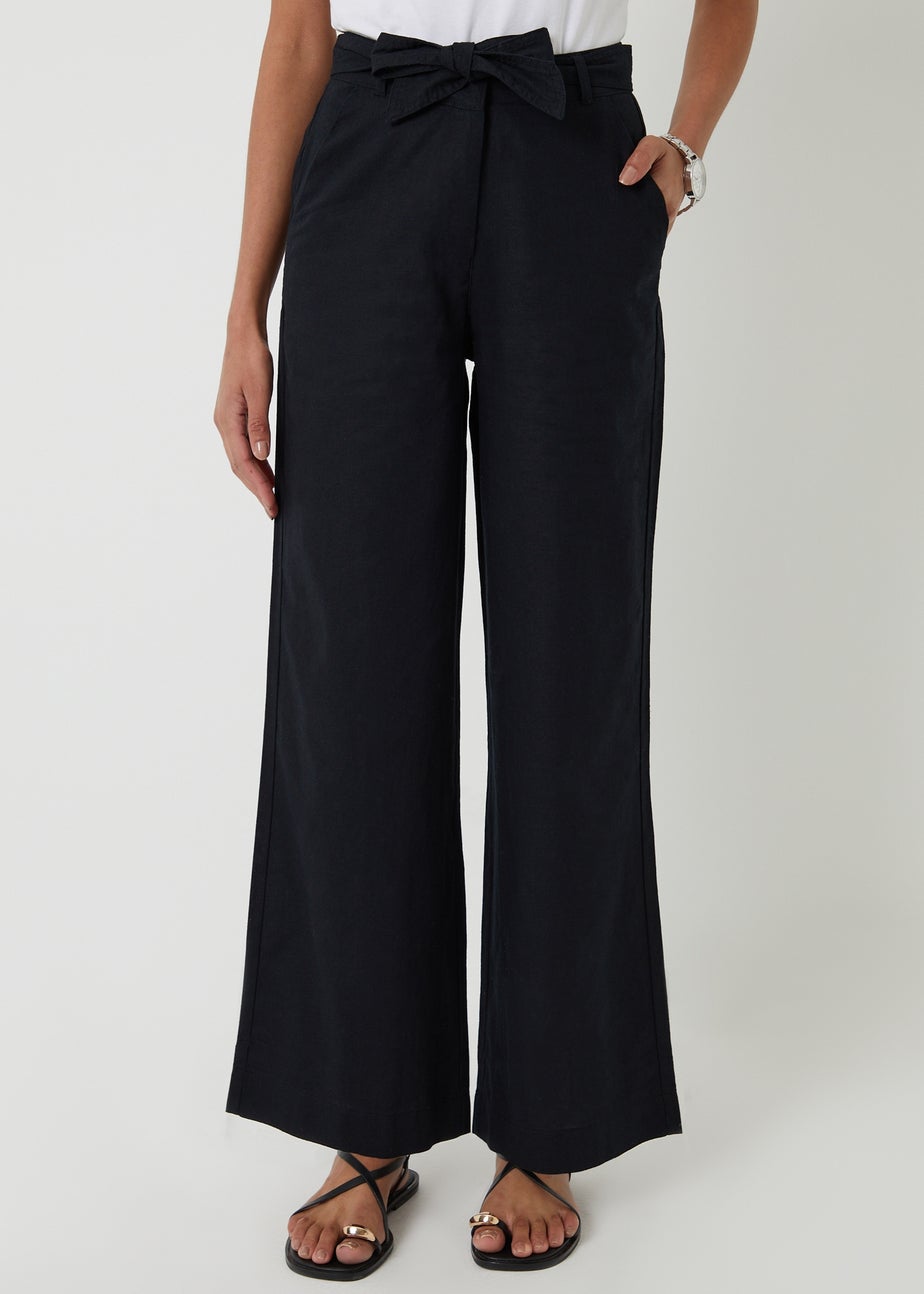 Threadbare Black Belted Linen Blend Wide Leg Trousers