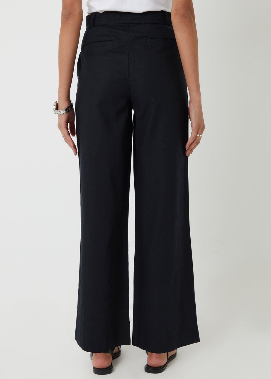 Threadbare Black Belted Linen Blend Wide Leg Trousers