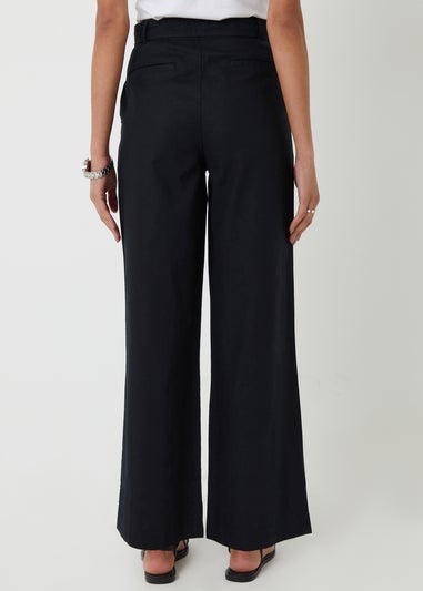 Threadbare Black Belted Linen Blend Wide Leg Trousers