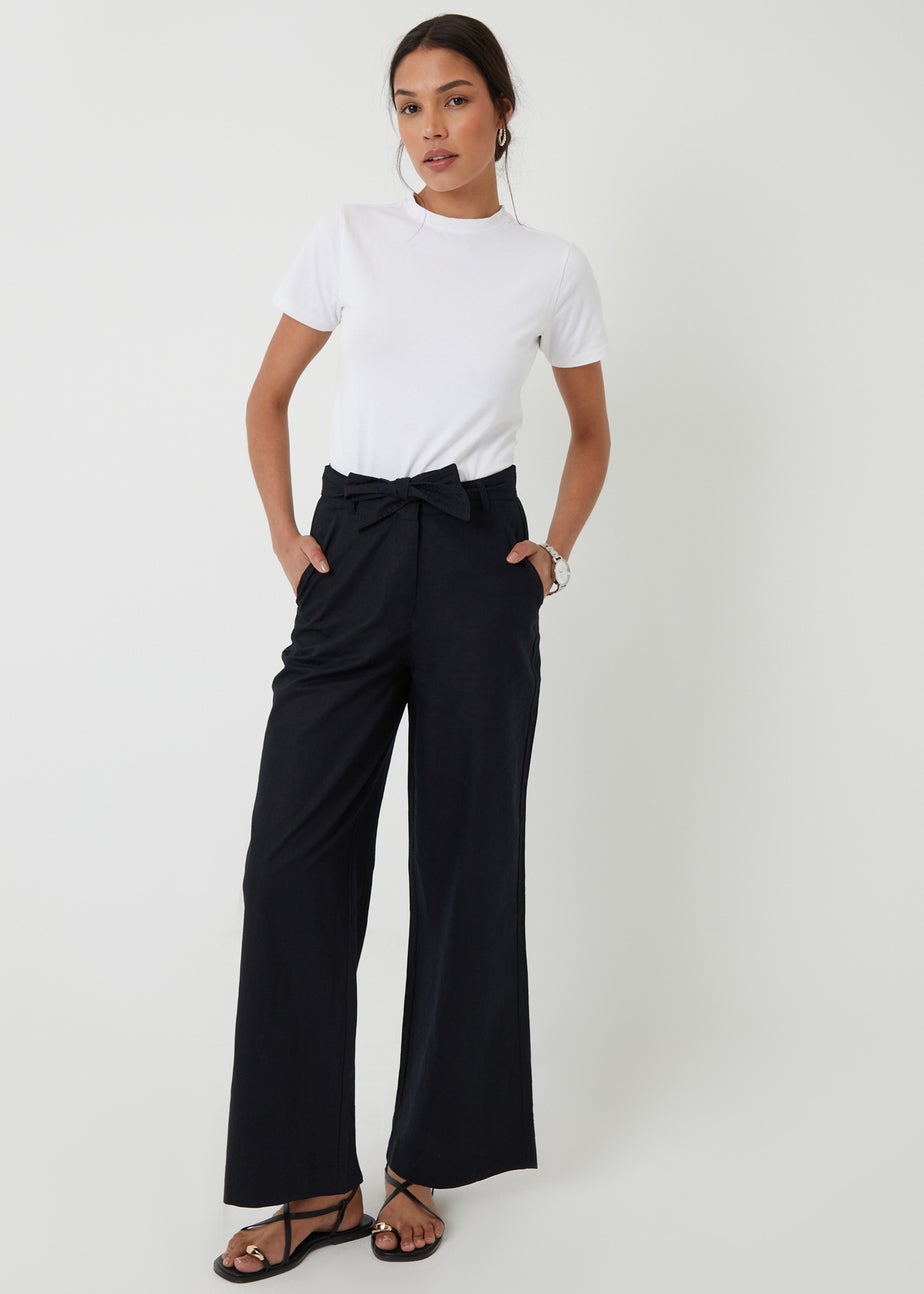 Threadbare Black Belted Linen Blend Wide Leg Trousers