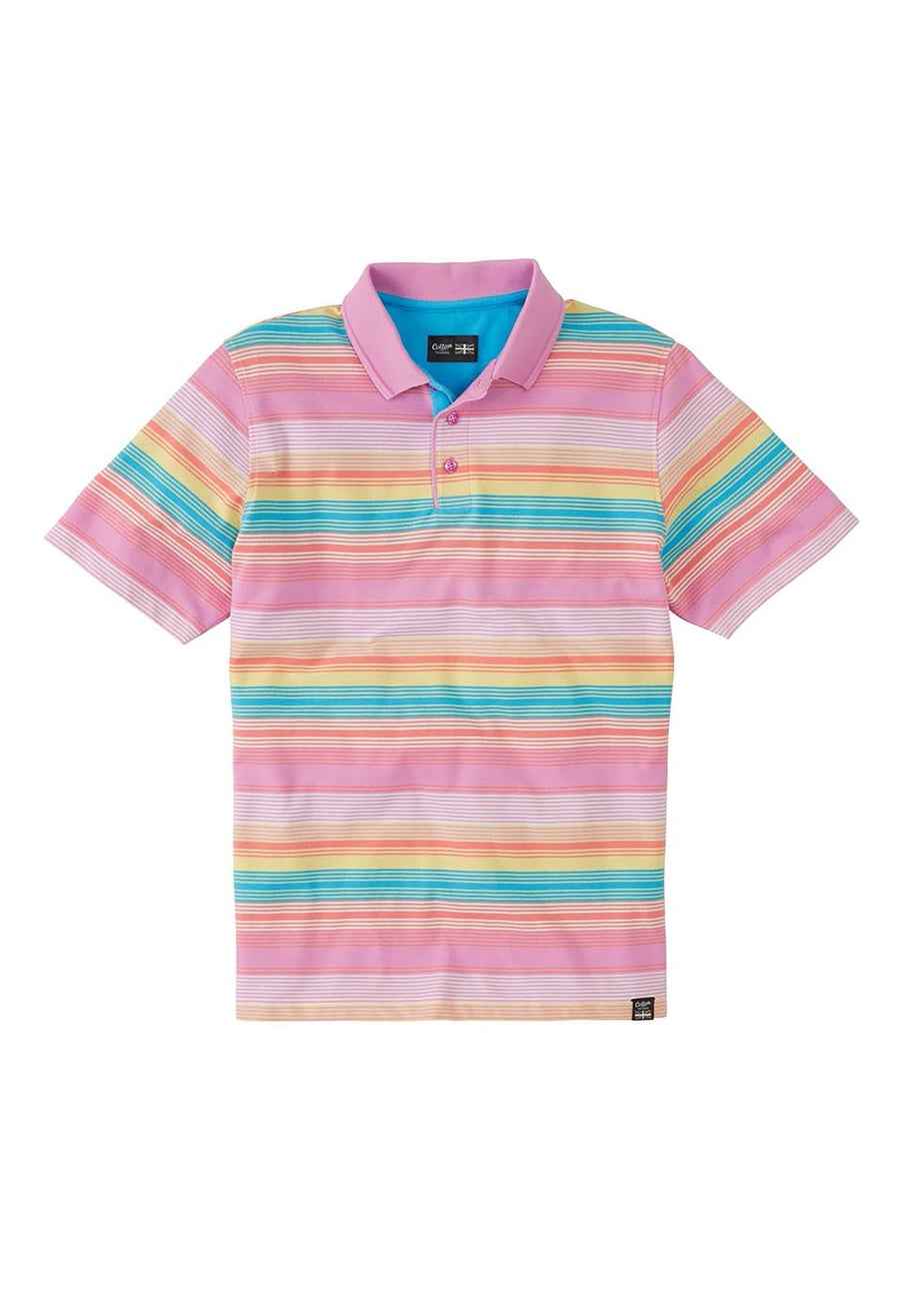 Cotton Traders Blush Pink Short Sleeve Stripe Polo