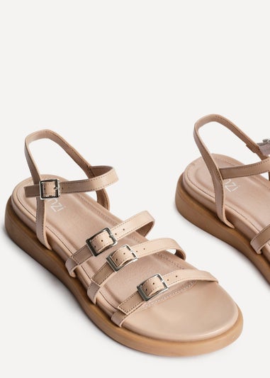 Linzi Twilight Sand Faux Leather Triple Buckle Footbed Sandals