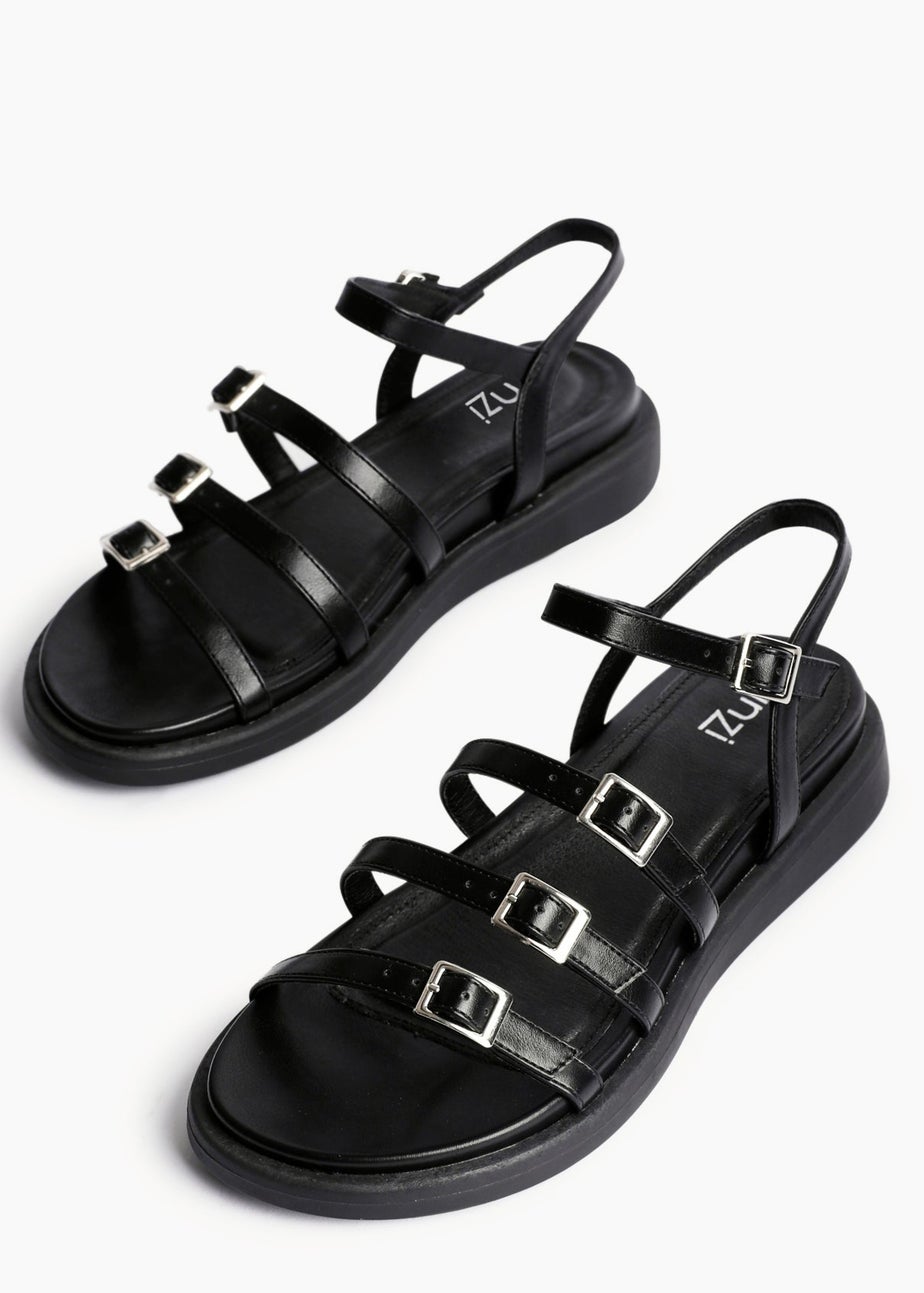 Linzi Twilight Black Faux Leather Triple Buckle Footbed Sandals