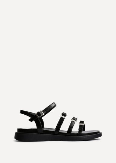 Linzi Twilight Black Faux Leather Triple Buckle Footbed Sandals