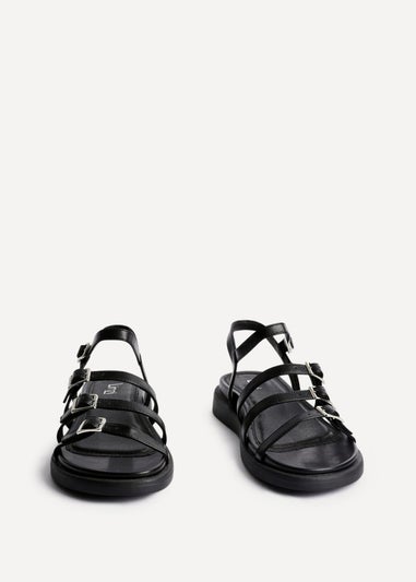 Linzi Twilight Black Faux Leather Triple Buckle Footbed Sandals