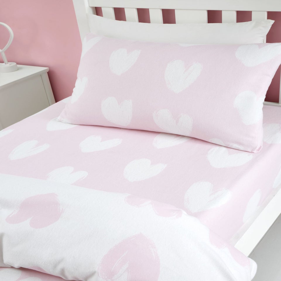 Catherine Lansfield Brushed Cotton Hearts Pink White Fitted Sheet
