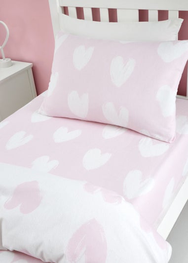 Catherine Lansfield Brushed Cotton Hearts Pink White Fitted Sheet