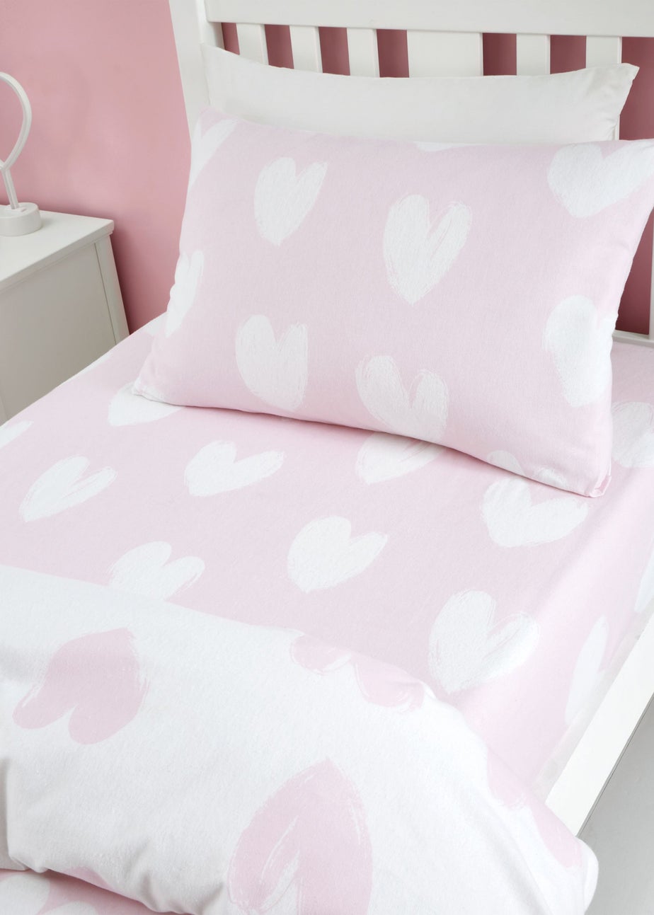Catherine Lansfield Brushed Cotton Hearts Pink White Fitted Sheet