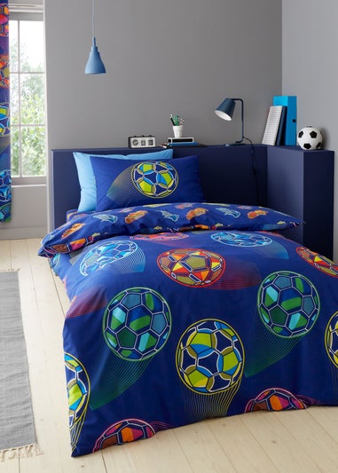 Catherine Lansfield Bright Football Reversible Duvet Cover Set Navy Blue