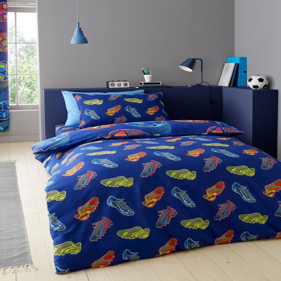 Catherine Lansfield Bright Football Reversible Duvet Cover Set Navy Blue