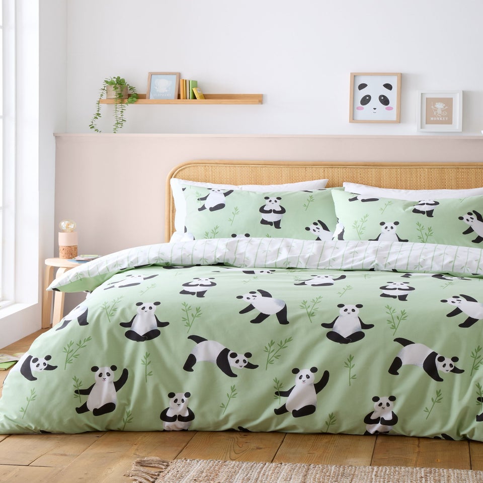 Catherine Lansfield Kids Panda Paws Reversible Duvet Cover Set Green