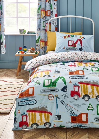Catherine Lansfield Kids Digger Dreams Reversible Duvet Cover Set Blue