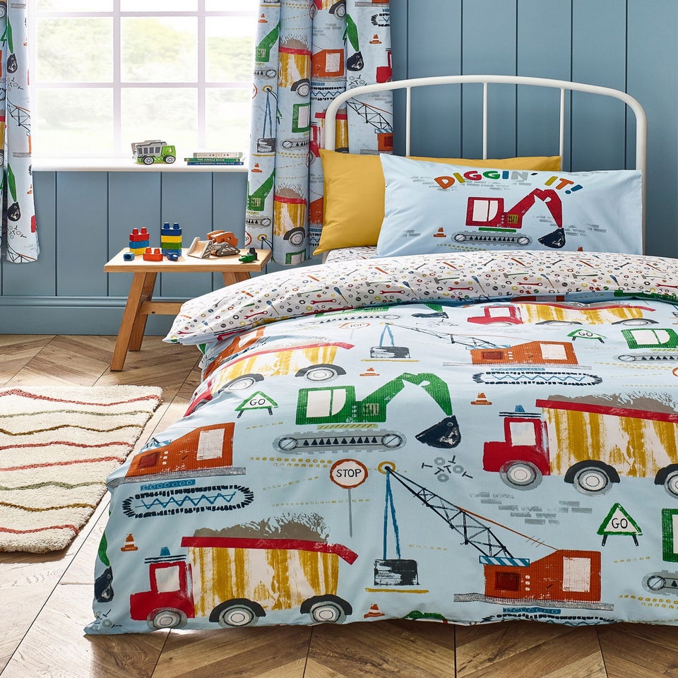 Catherine Lansfield Kids Digger Dreams Reversible Duvet Cover Set Blue