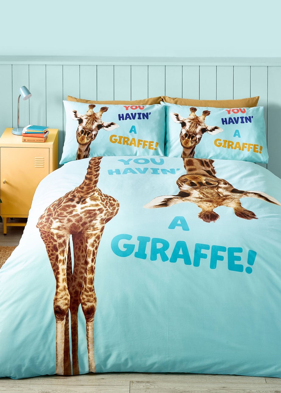 Catherine Lansfield Kids Havin A Giraffe Reversible Duvet Cover Set Aqua Blue