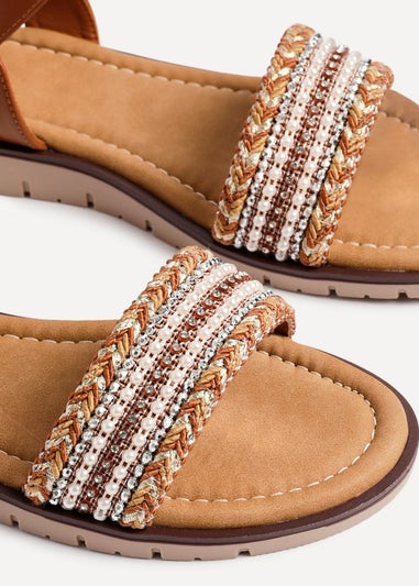 Linzi Halo Tan Weaved Embellished Flat Sandals