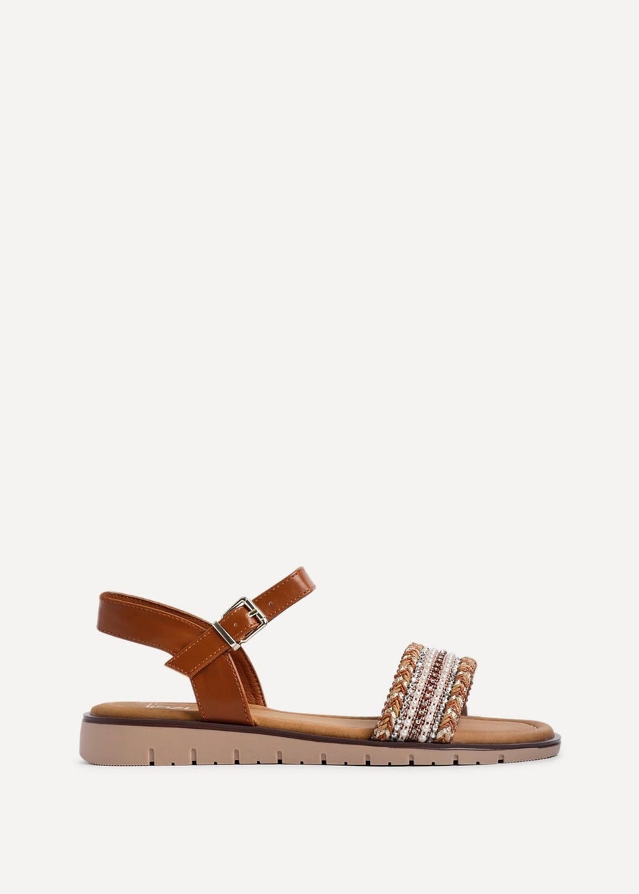 Linzi Halo Tan Weaved Embellished Flat Sandals