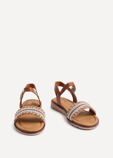Linzi Halo Tan Weaved Embellished Flat Sandals
