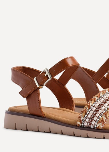 Linzi Halo Tan Weaved Embellished Flat Sandals