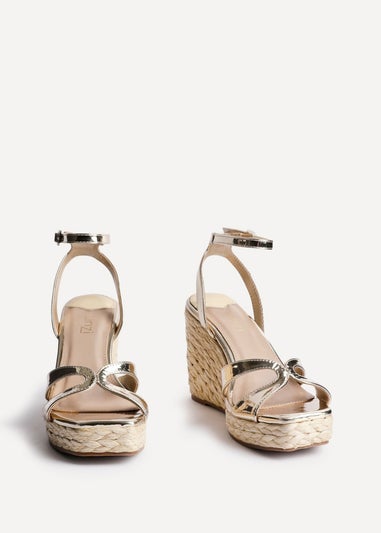 Linzi Tequila Gold Faux Leather Crossover Espadrille Inspired Wedge