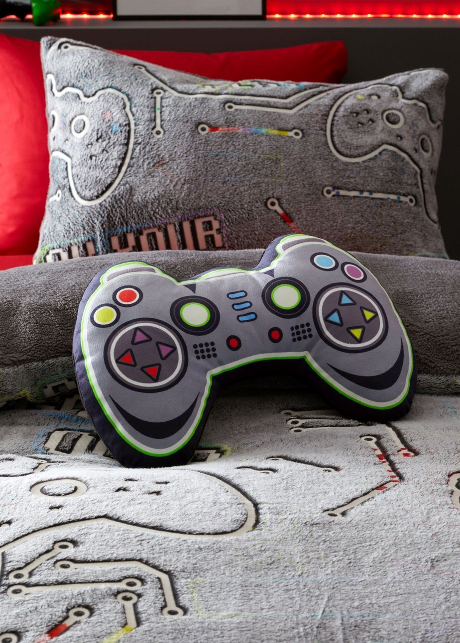 Catherine Lansfield Game Over Glow in the Dark Grey Fleece 3D Shaped Cushion