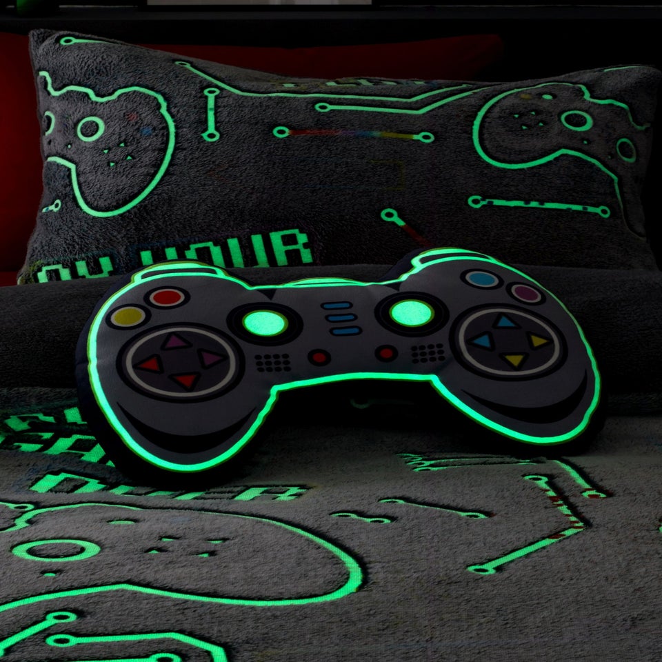 Catherine Lansfield Game Over Glow in the Dark Grey Fleece 3D Shaped Cushion