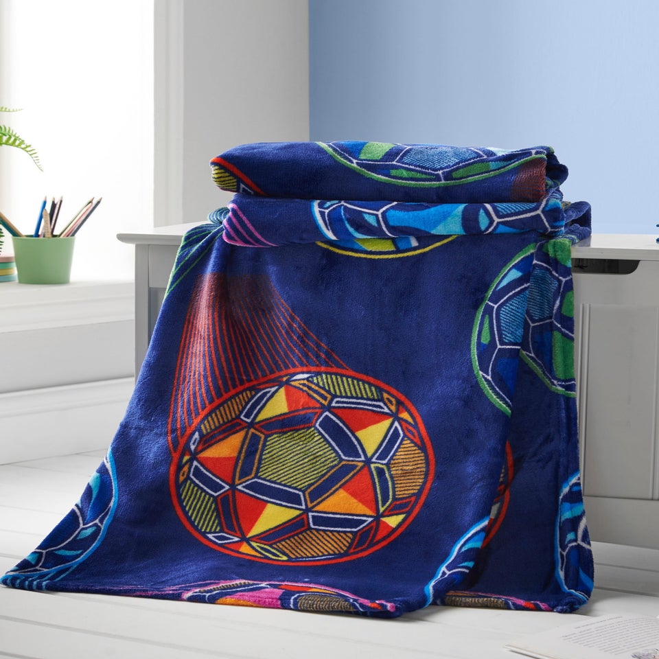 Catherine Lansfield Bright Blue Football Cosy Fleece Blanket Throw