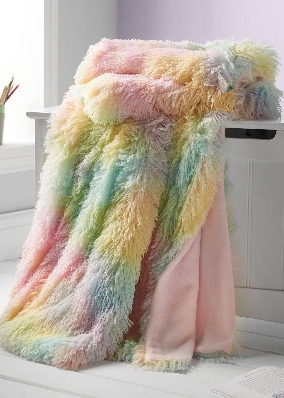 Catherine Lansfield Cuddly Rainbow Deep Pile Faux Fur Blanket Throw