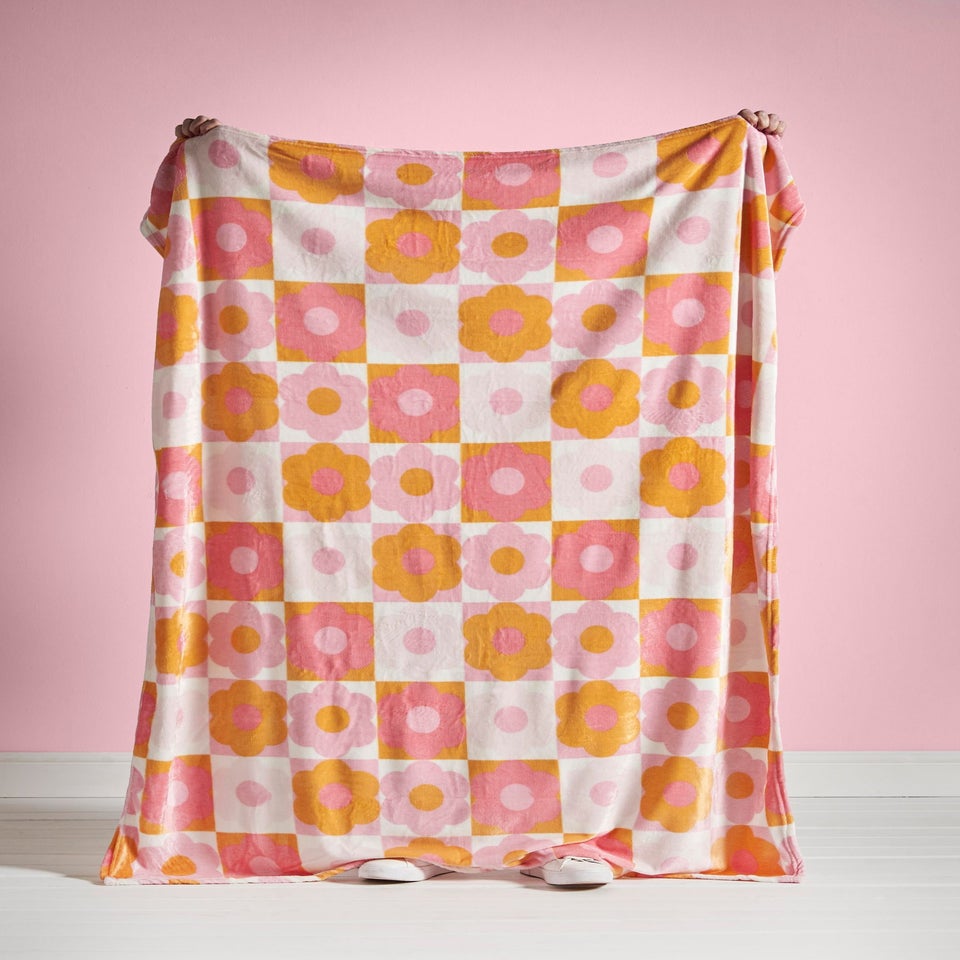 Catherine Lansfield Retro Daisy Cosy Fleece Pink Yellow Blanket Throw