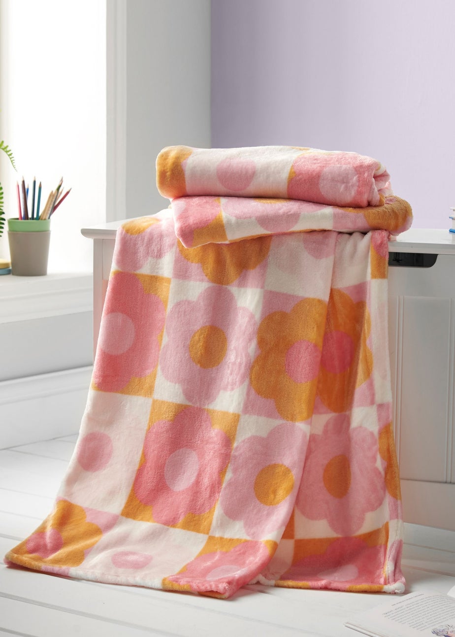 Catherine Lansfield Retro Daisy Cosy Fleece Pink Yellow Blanket Throw