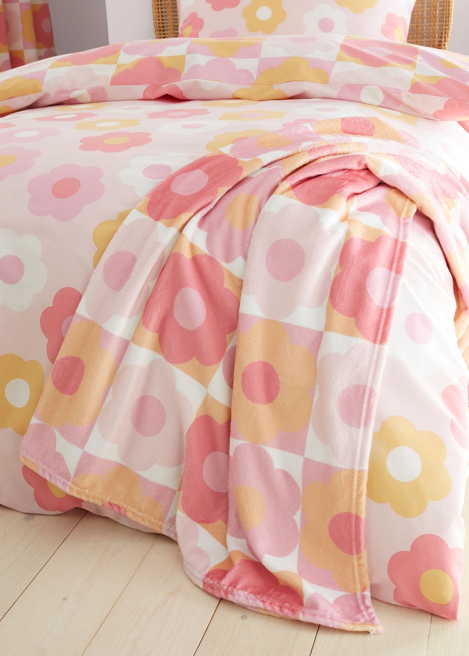 Catherine Lansfield Retro Daisy Cosy Fleece Pink Yellow Blanket Throw