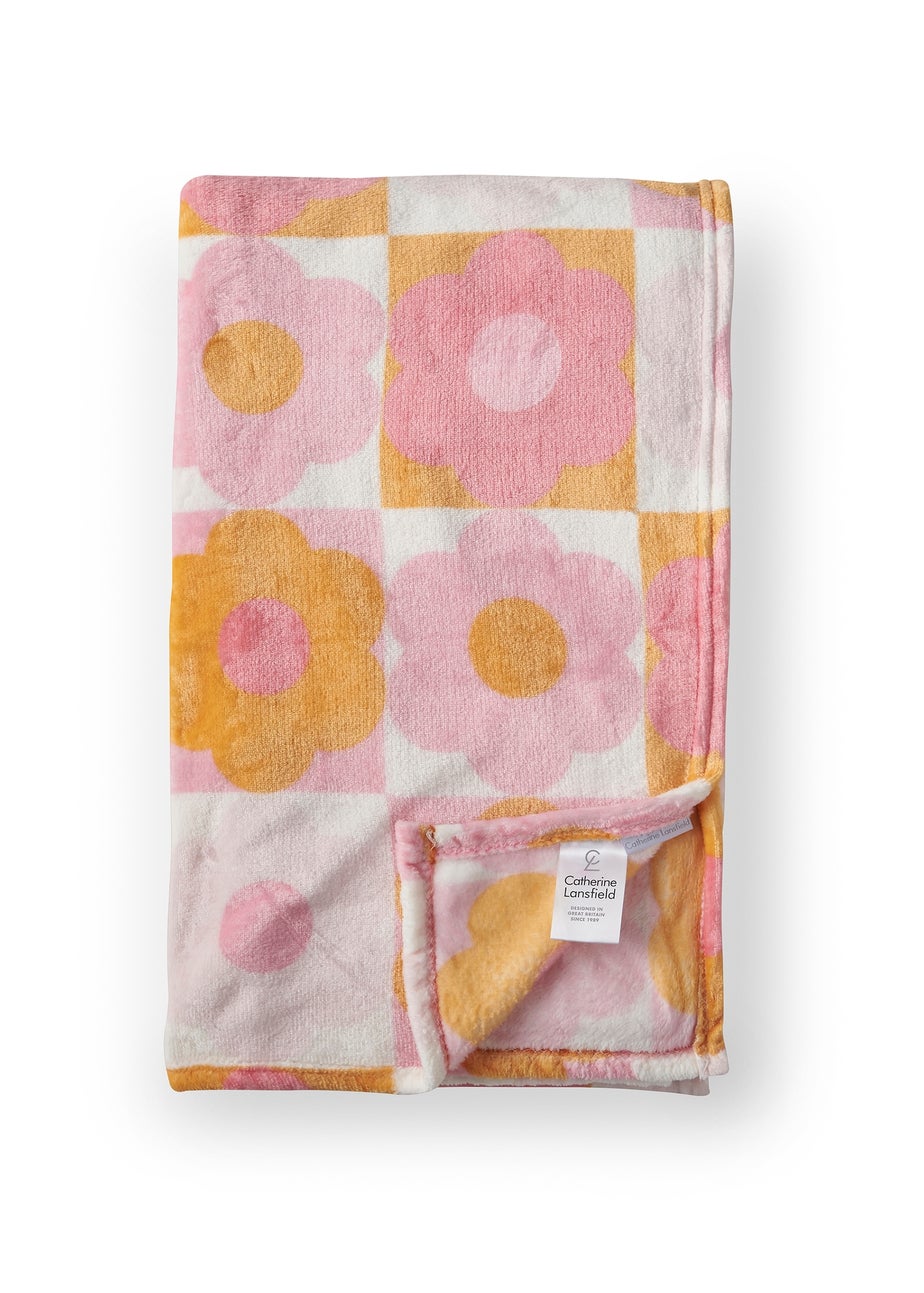 Catherine Lansfield Retro Daisy Cosy Fleece Pink Yellow Blanket Throw