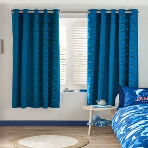 Catherine Lansfield Kids Jawsome Shark Fully Reversible Eyelet Curtain Navy Blue