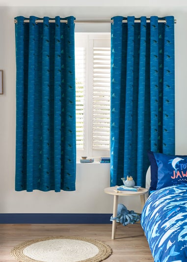 Catherine Lansfield Kids Jawsome Shark Fully Reversible Eyelet Curtain Navy Blue