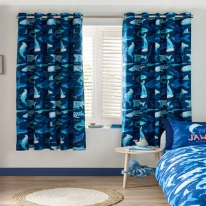 Catherine Lansfield Kids Jawsome Shark Fully Reversible Eyelet Curtain Navy Blue