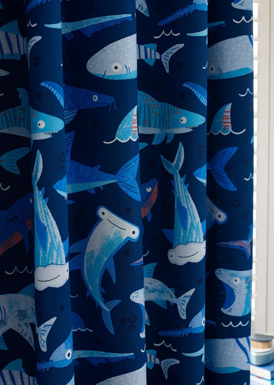 Catherine Lansfield Kids Jawsome Shark Fully Reversible Eyelet Curtain Navy Blue